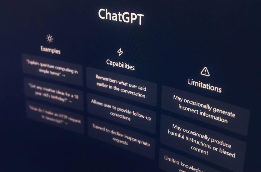 High-resolution image of ChatGPT interface displayed on a monitor, highlighting its capabilities and limitations.